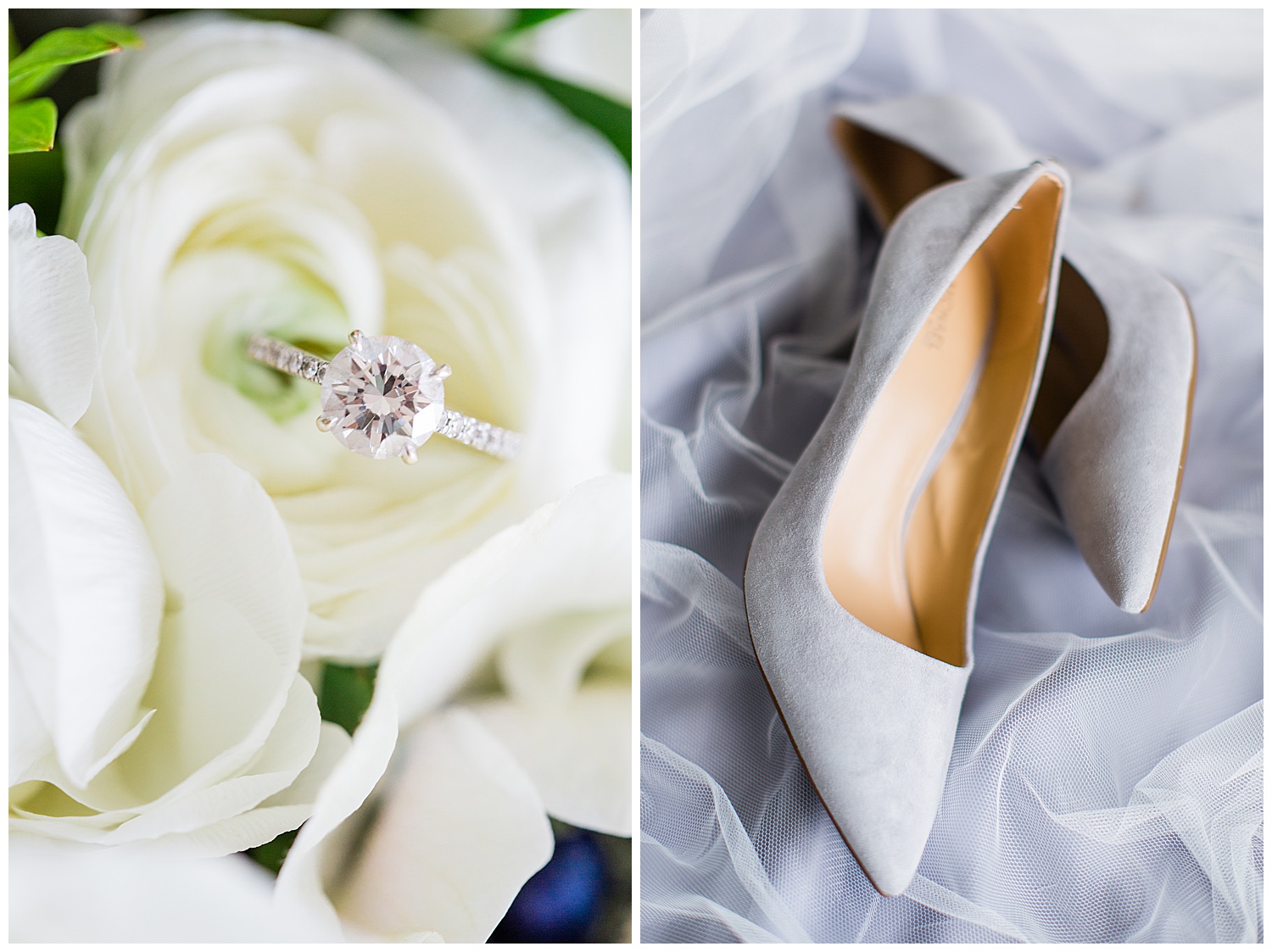 engagement ring and bride shoes on gray fabric and white veil