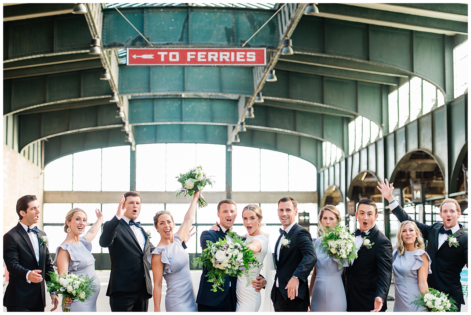 wedding party picture in vintage railroad terminal