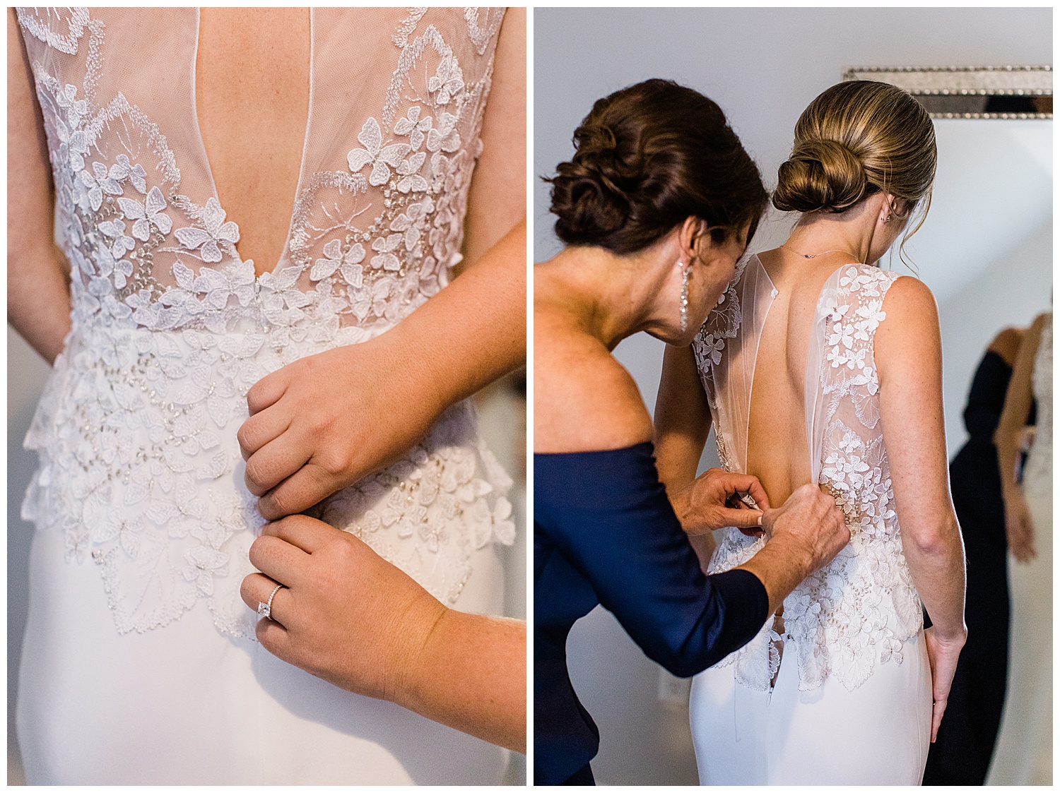 mother helping bride get into butterfly lace detailed wedding dress