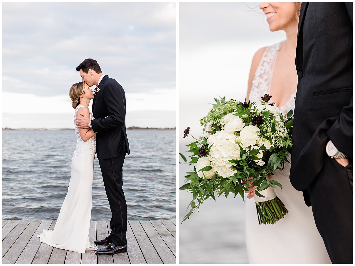 bride and groom kiss on dock surrounded by water