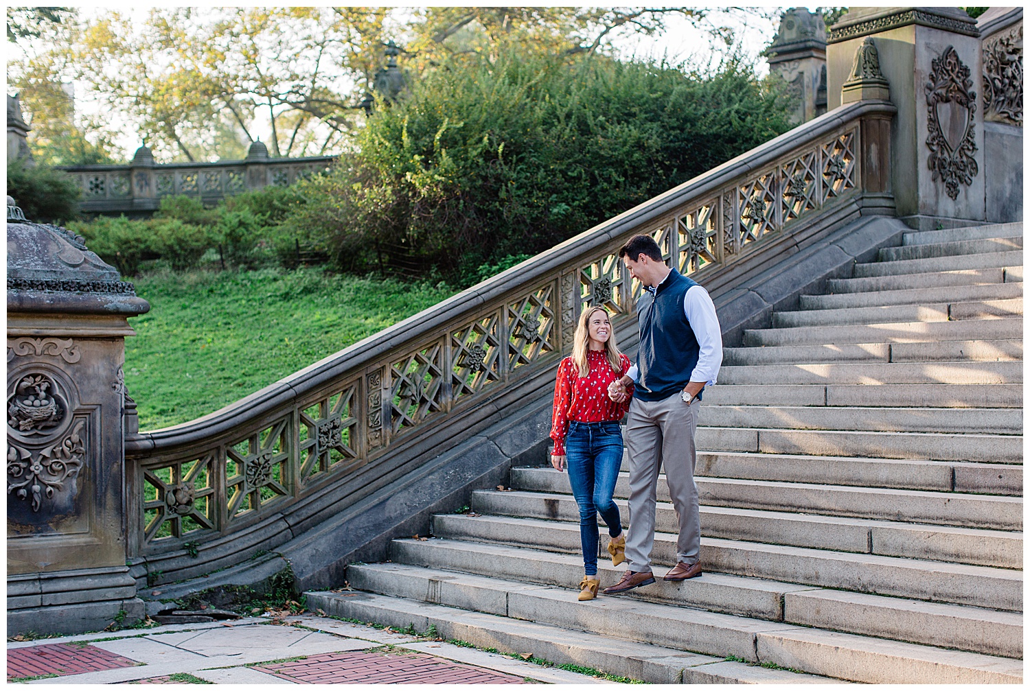 Couple walks down grand staircase in Central Park