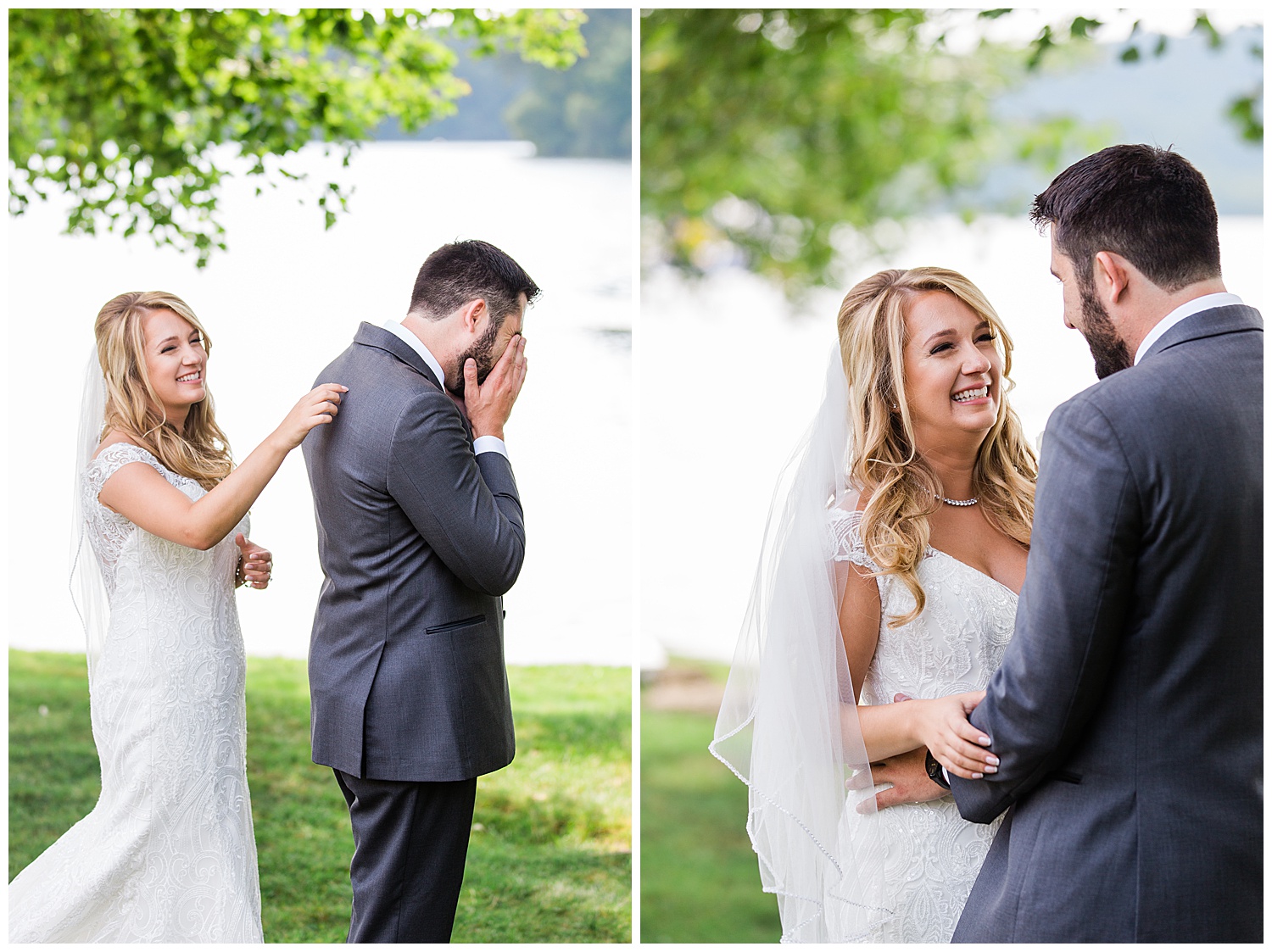 bride taps grooms on shoulder and he smiles surprised at how beautiful she looks