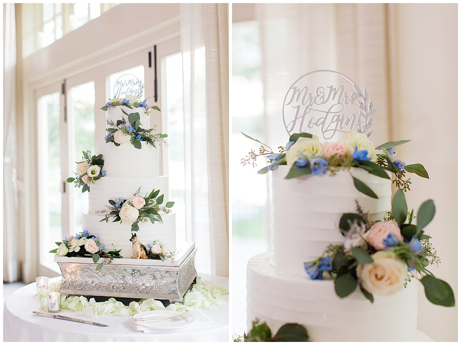 three tier white wedding cake with floral accents