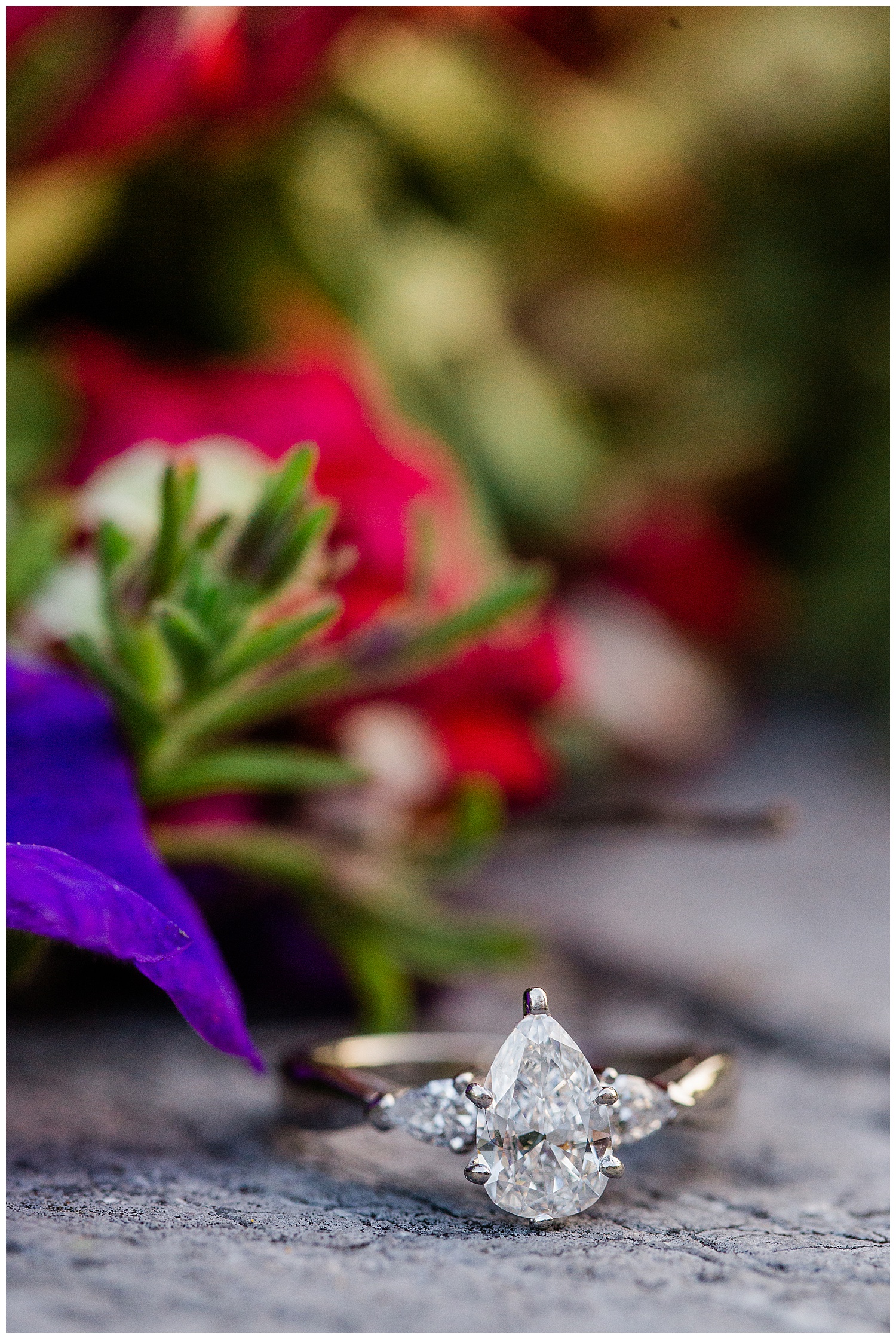 Oval engagement ring in front of purple and red flowers