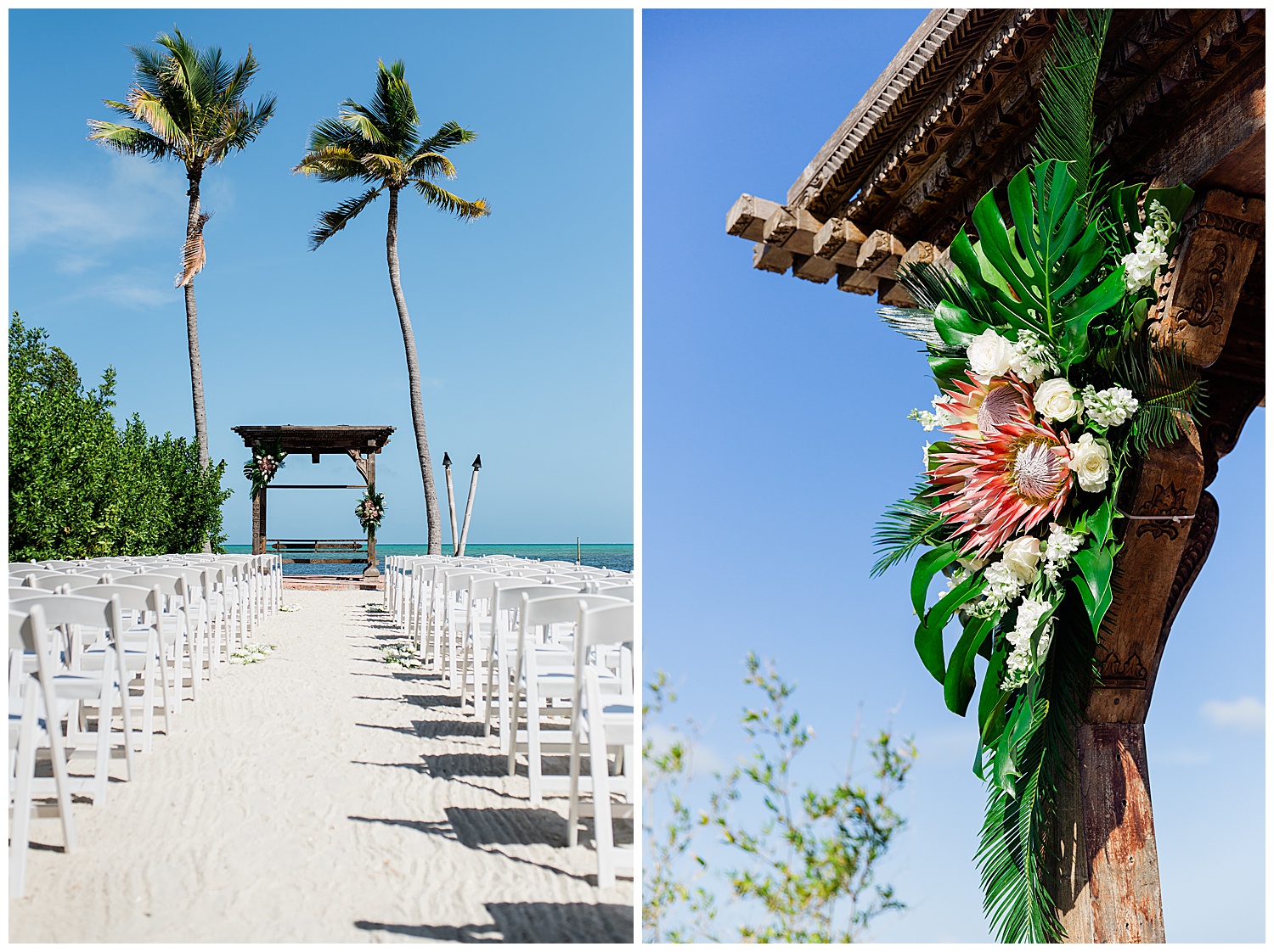 beach ceremony with wood altar surrounded by palm trees